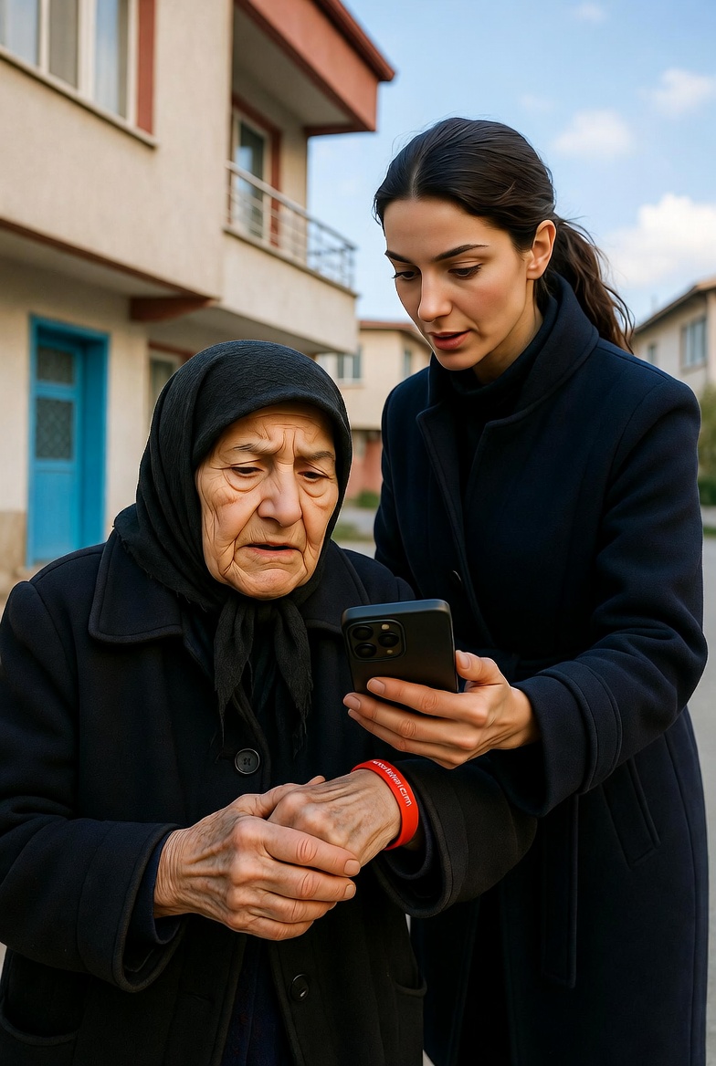 Yaşlı kadın NFC bileklik ile acil durum bilgilerine erişim